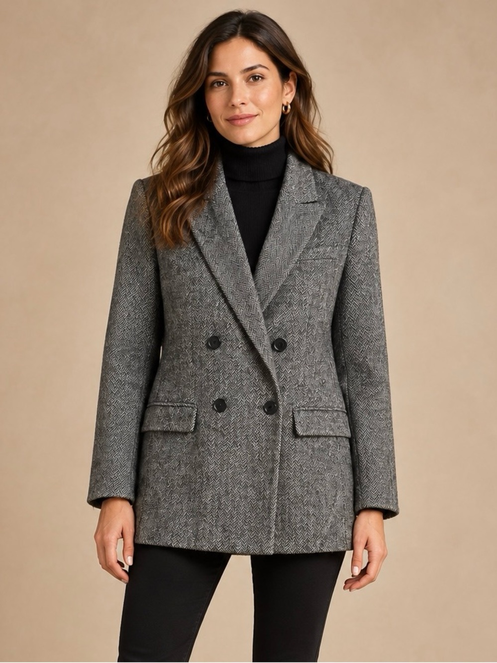 Dynamite Gray Herringbone Double-Breasted Wool Blend Blazer Size L